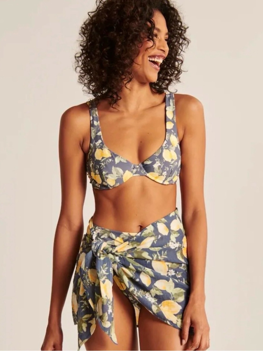 Abercrombie & Fitch Lemon Print Bikini With Matching Wrap Cover Top XL bottom L